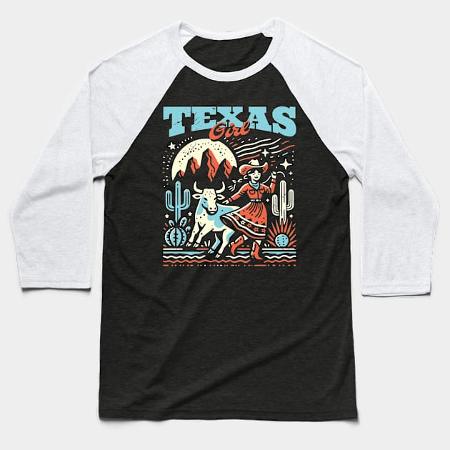 Vintage Texas Girl // Proud Texan Born and Raised // Texas Cowgirl Bright Baseball T-Shirt by Now Boarding